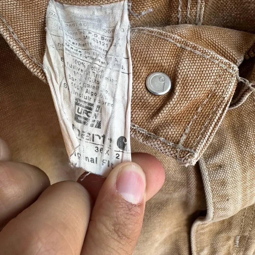 Carhartt Tan Distressed Double Knee Paint Stains Work Pants 1990s USA 36x32 - Picture 3 of 7